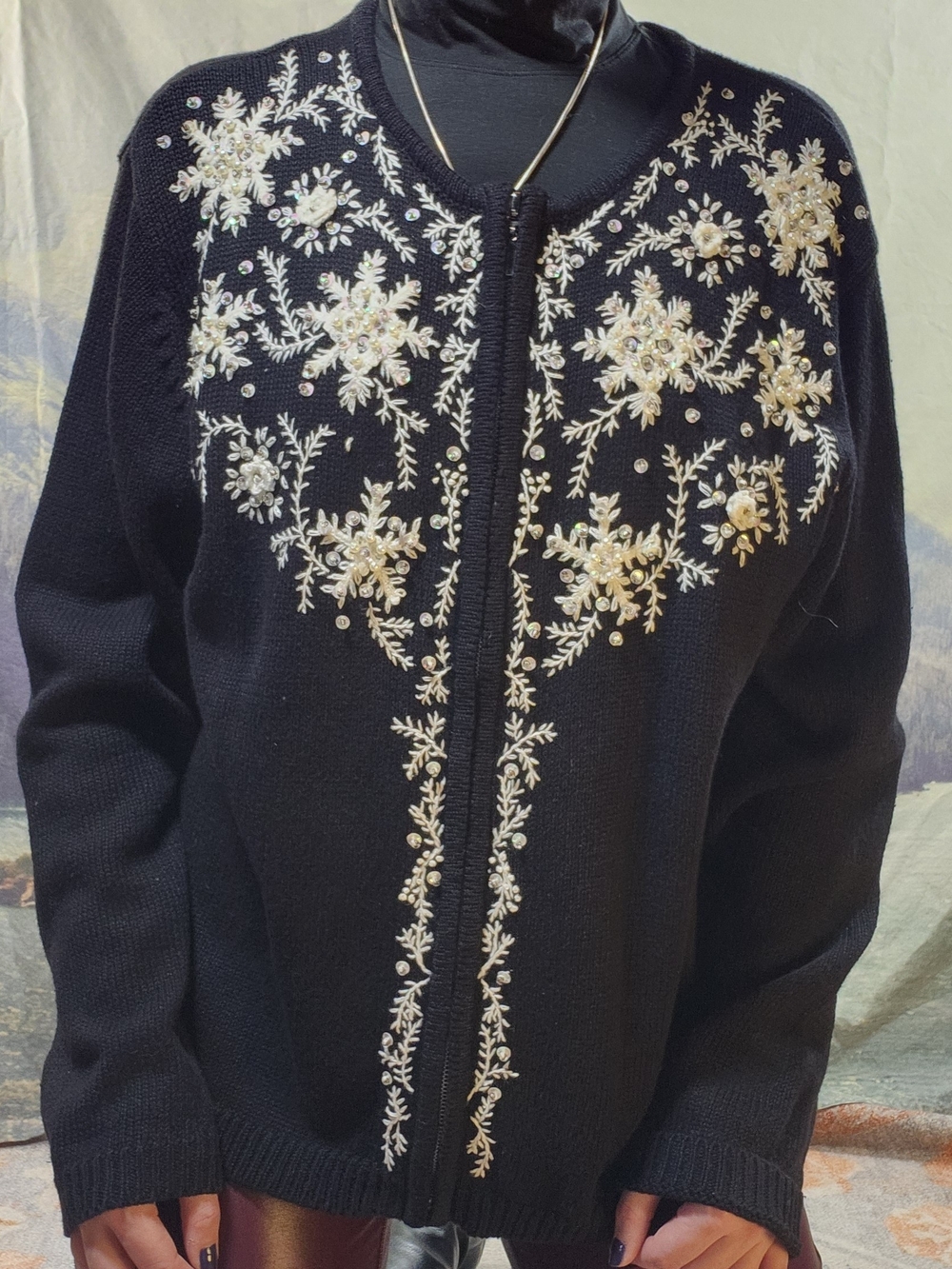 Vintage Snowflake Zip Cardigan L Large Erika Embroidered Cotton Black White
